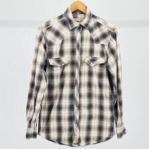 Vintage 90s Roper Blue Tan Plaid 100% Cotton Western Shirt